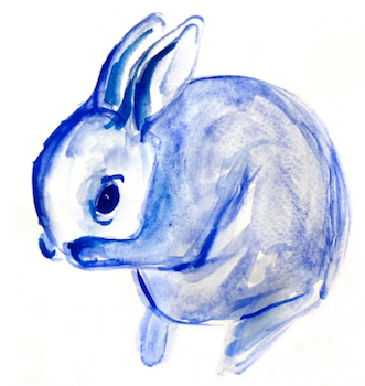 Watercolor painting of a blue bunny rabbit by Deborah Grieder